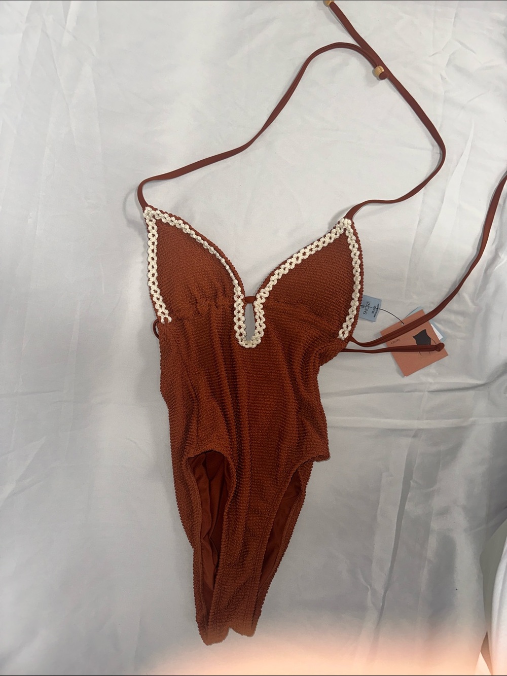 Shade & Shore Rust Brown One-Piece Swimsuit with Cream Trim